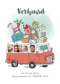 Verhuiskaart met oldtimer bus en foto's