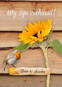 Verhuiskaart roodborstje en zonnebloem