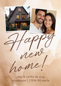 Verhuiskaartje beige waterverf twee foto's happy new home