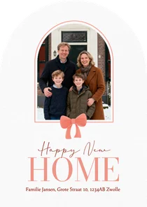 Verhuiskaartje in boog vorm kerst met rood strikje