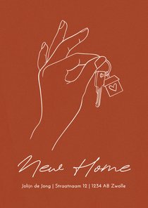 Verhuiskaartje roestbruin lijntekening hand sleutels