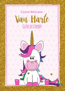 Verjaardag trendy gouden glitter kaart met vrolijke Unicorn 