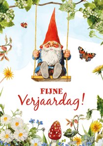 Verjaardagkaart kabouter op schommel