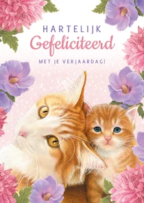Verjaardagkaart katten en bloemen