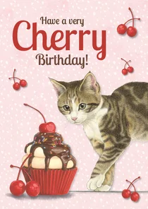 Verjaardagkaart met kitten en kersen cupcake