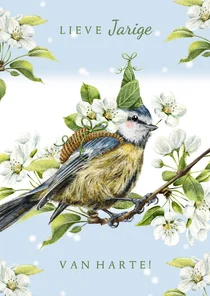 Verjaardagkaart pimpelmees met feesthoed op bloesemtak