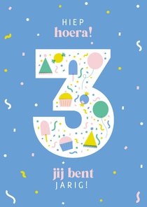 Verjaardagskaart 3 jaar vrolijk blauw