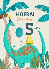 Verjaardagskaart 5 jaar dinosaurus en taart en ballonnen
