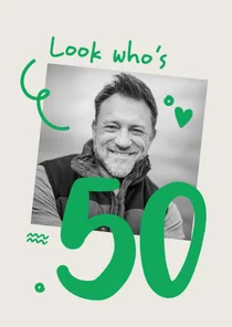 Verjaardagskaart 50 jubileum met foto en vormpjes groen