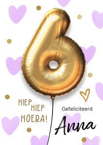 Verjaardagskaart 6 jaar ballon lila hartjes meisje