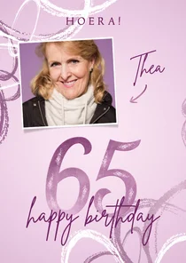 Verjaardagskaart 65 lila met foto en abstracte vormen
