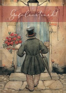 Verjaardagskaart Anton Pieck man met bos rozen