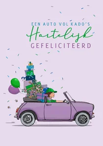 Verjaardagskaart auto lila met kado