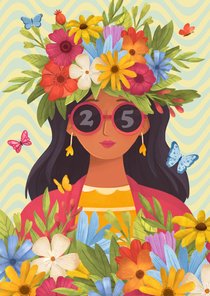 Verjaardagskaart bloemen vrouw kleurrijk vlinders 
