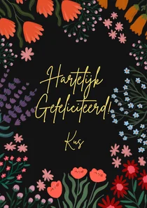 Verjaardagskaart bloemetjes aan de randen zwart