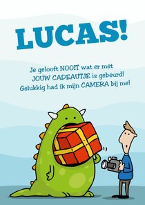 Verjaardagskaart cadeautje opgegeten