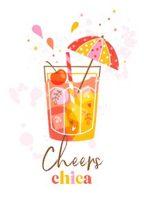 Verjaardagskaart cheers cocktail parasol oranje geel roze