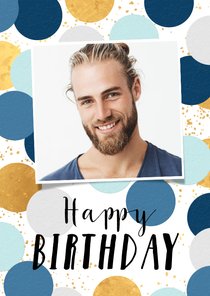 Verjaardagskaart confetti blauw goud happy birthday foto