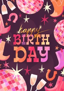 Verjaardagskaart cowboyboots en discoballen