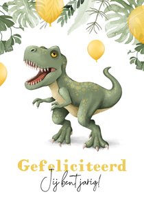 Verjaardagskaart dinosaurus t rex jungle gefeliciteerd