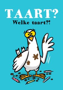 Verjaardagskaart duif eet taart op! Welke taart?! 