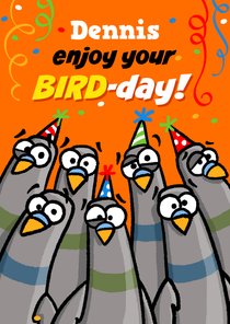 Verjaardagskaart duiven met de tekst: Happy BIRD-day!!!