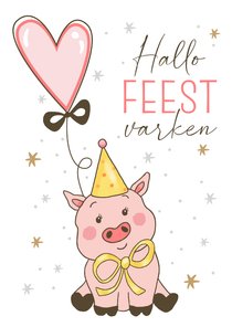 Verjaardagskaart feestvarken roze hartjes ballon sterren