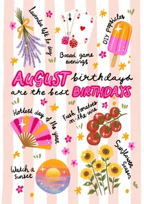 Verjaardagskaart felicitatie augustus zomer vrouw meisje