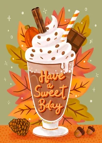 Verjaardagskaart felicitatie chocolademelk herfst bladeren