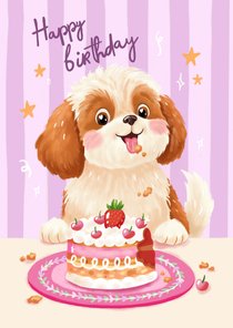 Verjaardagskaart felicitatie hond taart meisje vrouw 