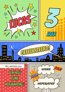 Verjaardagskaart felicitatie jongen cartoon strip superheld