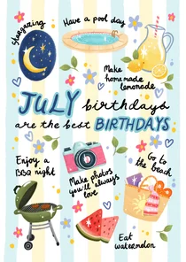 Verjaardagskaart felicitatie juli zomer vrouw meisje