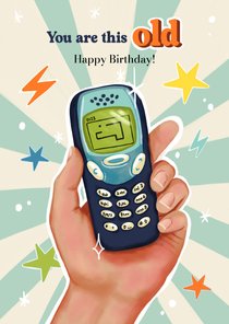 Verjaardagskaart felicitatie man retro old telefoon grappig