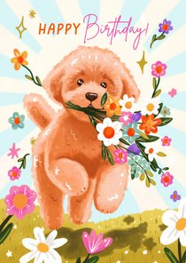 Verjaardagskaart felicitatie meisje vrouw hond bloemen 