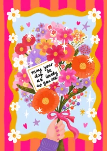 Verjaardagskaart felicitatie vrouw meisje boeket bloemen