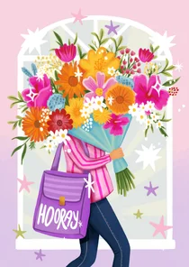 Verjaardagskaart felicitatie vrouw meisje vrolijke bloemen