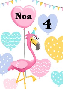 Verjaardagskaart flamingo ballonhartjes en feesthoedje op