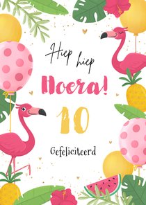 Verjaardagskaart flamingo tropisch zomer fruit ballonnen