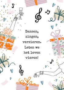 Verjaardagskaart gedichtje cadeau muzieknoot dansen