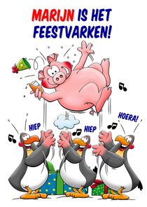 Verjaardagskaart grappig met pinguïns en feestvarken