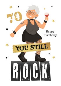 Verjaardagskaart grappig oude vrouw rockt 70 jaar stoer