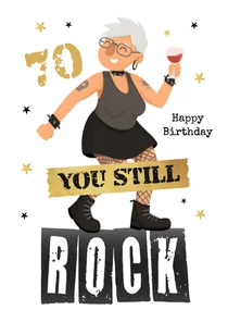 Verjaardagskaart grappig oude vrouw rockt 70 jaar stoer