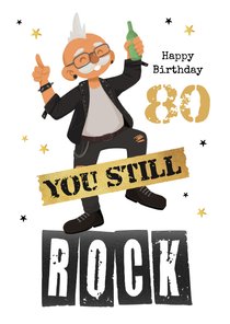 Verjaardagskaart grappige oude man rockt 80 jaar stoer