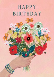 Verjaardagskaart hand met mooi bloemen boeket