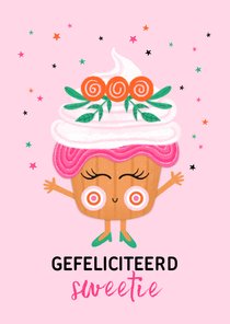 Verjaardagskaart happy cupcake bloemen roze