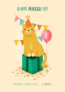 Verjaardagskaart "Happy pursssday" kat, cadeau en slingers