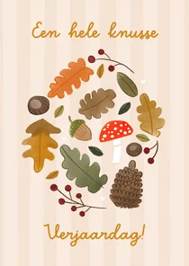 Verjaardagskaart herfst bladeren knusse verjaardag okergeel