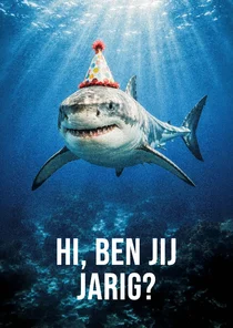 Verjaardagskaart 'hi' foto haai met feesthoed op