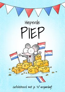 Verjaardagskaart - Hieperdepiep met muis tussen stukjes kaas