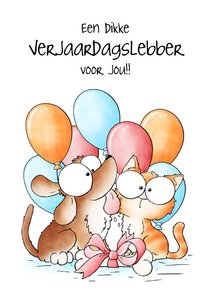 Verjaardagskaart hond en kat een dikke verjaardagslebber